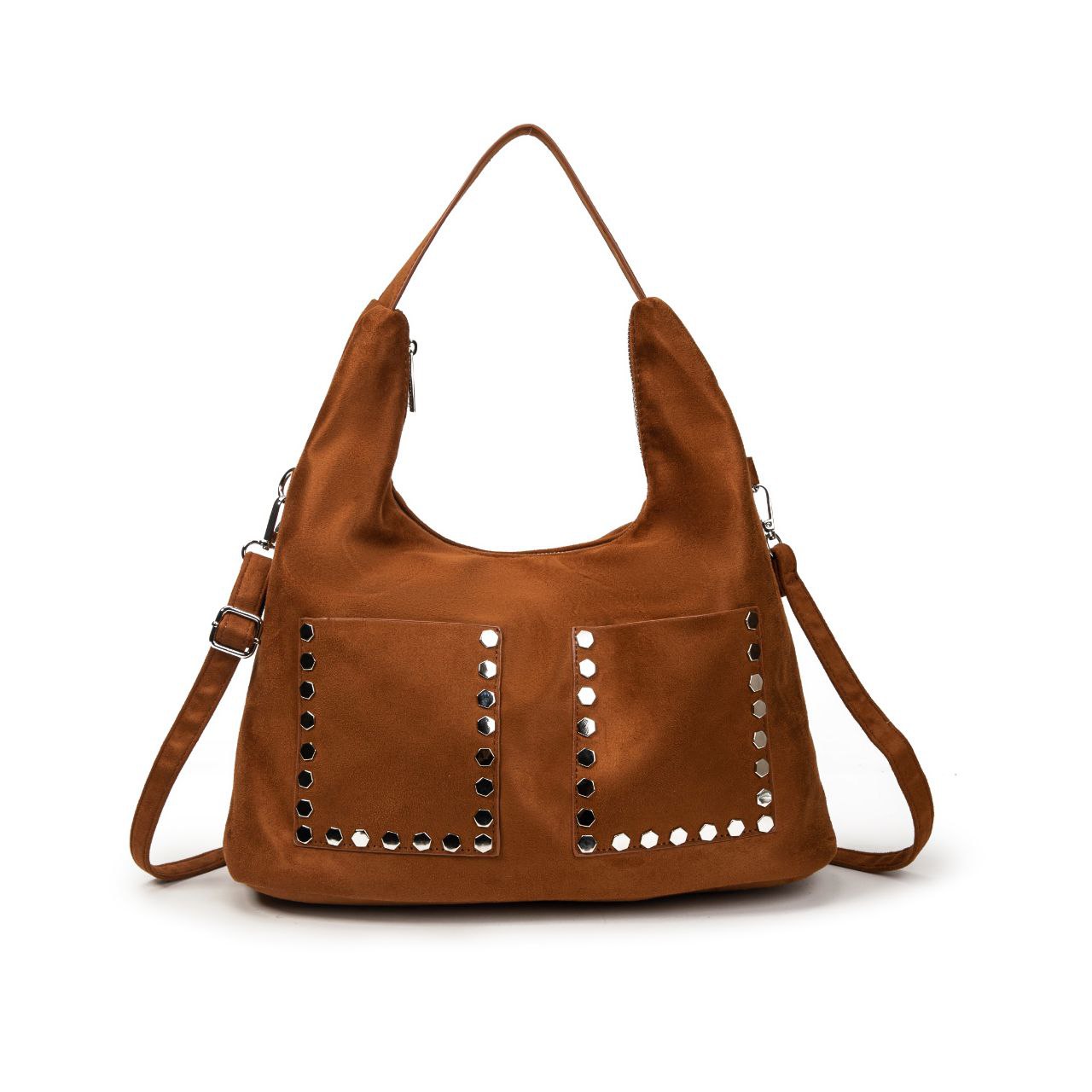 Bolso Mujer De Moda Tipo Hobo Con Tachuelas, Estilo Boho Chic, Asas Y Correa Bandolera, Suave Efecto Ante Mediano