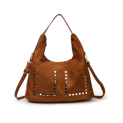 Bolso Mujer De Moda Tipo Hobo Con Tachuelas, Estilo Boho Chic, Asas Y Correa Bandolera, Suave Efecto Ante Mediano
