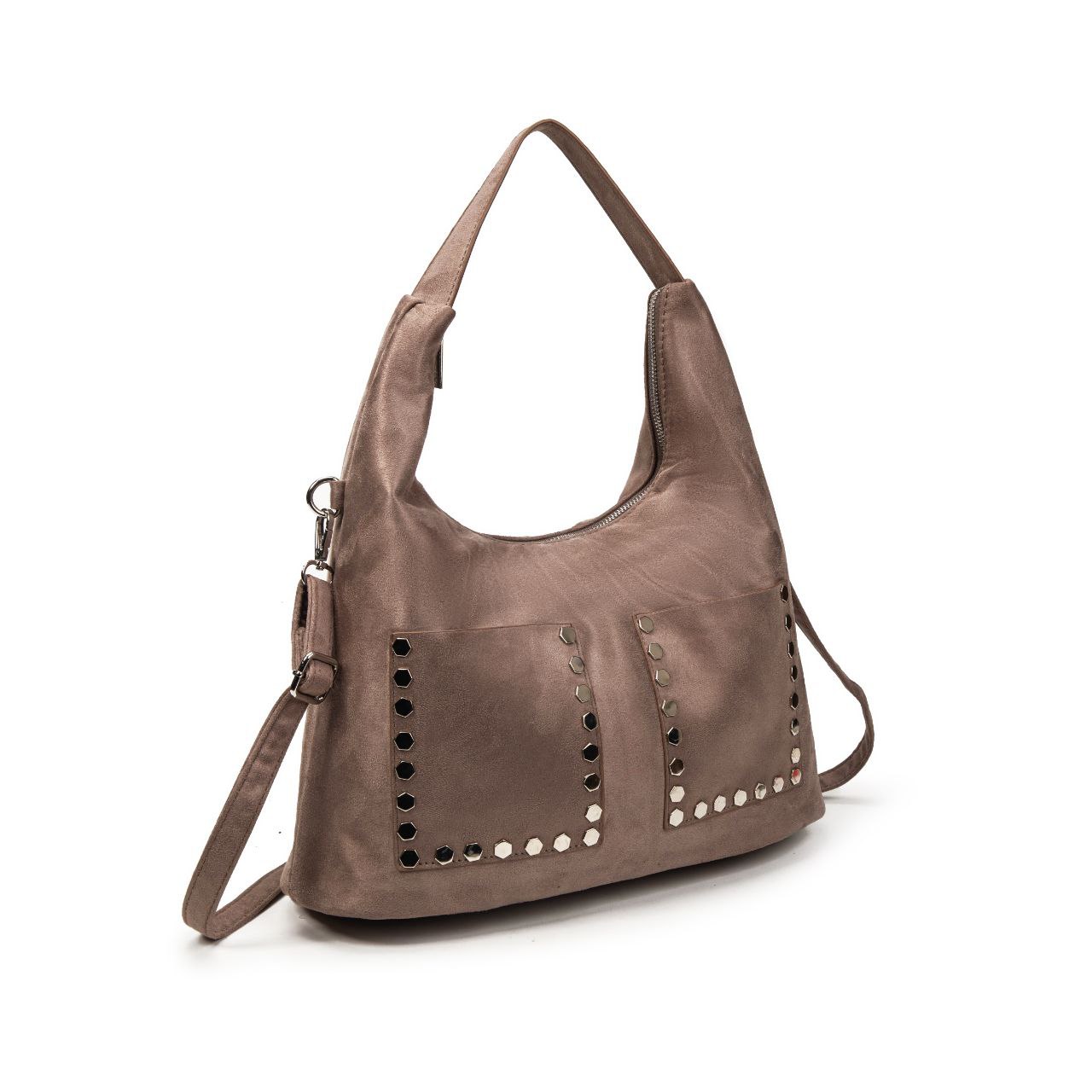 Bolso Mujer De Moda Tipo Hobo Con Tachuelas, Estilo Boho Chic, Asas Y Correa Bandolera, Suave Efecto Ante Mediano