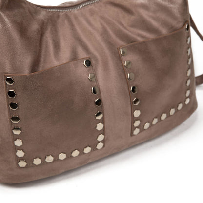 Bolso Mujer De Moda Tipo Hobo Con Tachuelas, Estilo Boho Chic, Asas Y Correa Bandolera, Suave Efecto Ante Mediano