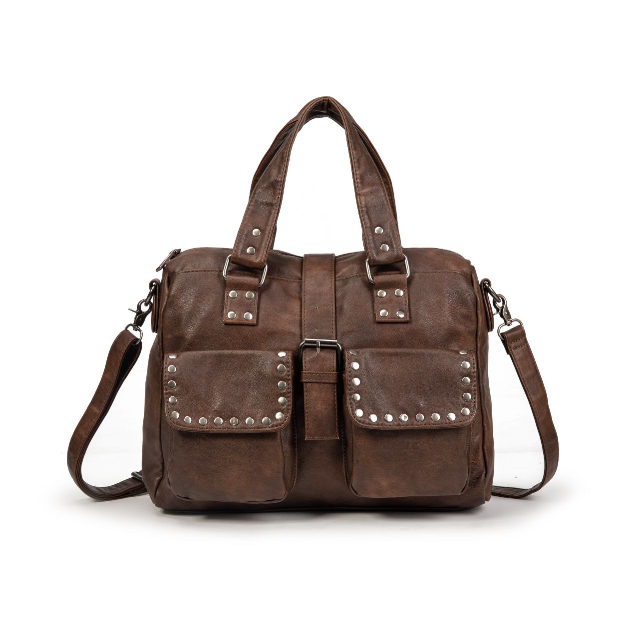 Bolso De Mano Grande Con Tachuelas Para Mujer En Eco Cuero Vintage – Estilo Urbano Y Elegante
