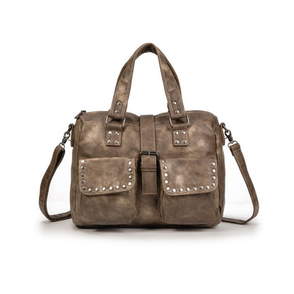 Bolso De Mano Grande Con Tachuelas Para Mujer En Eco Cuero Vintage – Estilo Urbano Y Elegante