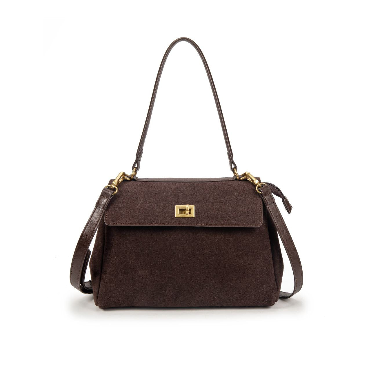 Bolso Mujer Elegante De Moda – Bolso De Mano Y Bandolera De Ante Sintético Con Cierre Dorado