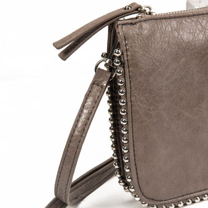 Bolso Mujer De Moda Tipo Bandolera – Pequeño Elegante En Eco-Cuero Con Doble Cremallera Y Tachas Metálicas